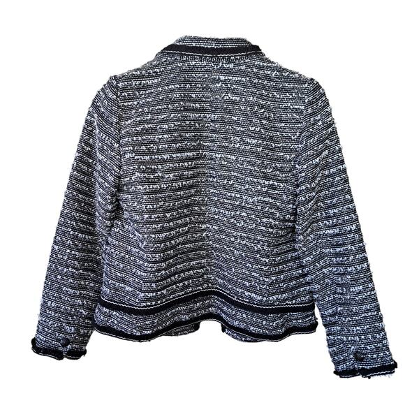 TALBOTS Black White Fringe-Trim Tweed Jacket Blazer Size 4P - Picture 11 of 12